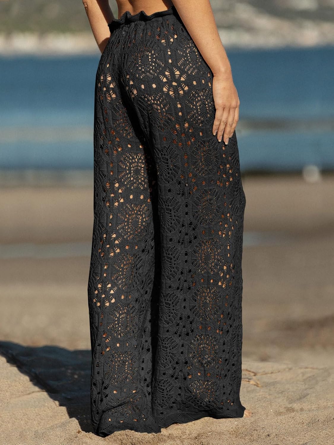 Saodimallsu Womens Crochet Swimsuit Coverup Pants High Waisted Drawstring Sexy Sheer Mesh Knit Wide Leg Beach Pants - Image 5