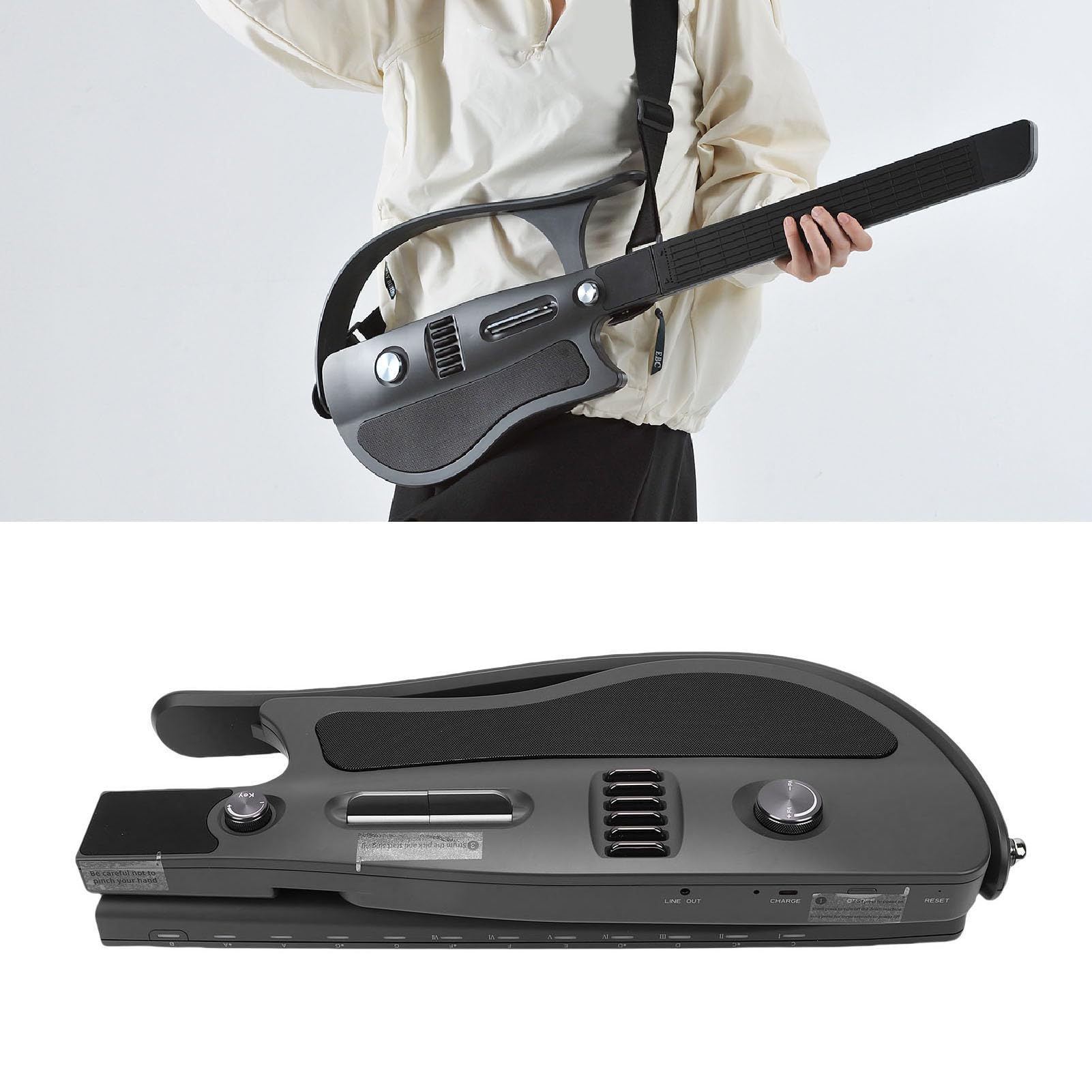 POENVFPO Chitarra Intelligente, Design Senza Corde, Chitarra Elettrica Pieghevole Portatile con Sintonizzatore Intelligente e connettività APP, per Principianti Nero