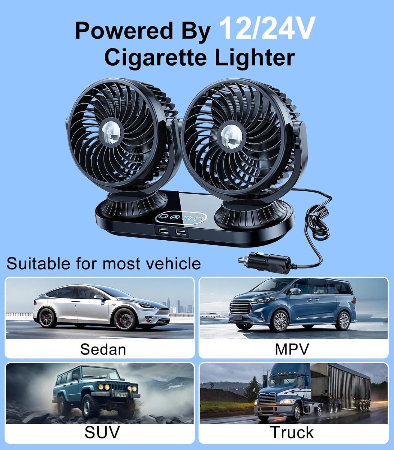 Dual Head Auto Oscillating Car Cooling Fan for Dashboard, DC 12V / 24V Cigarette Lighter Plug Car Fans That Blow Cold Air Cooler for Vehicles Sedan SUV Rv Van Truck Utv Tractor Cab Without AC