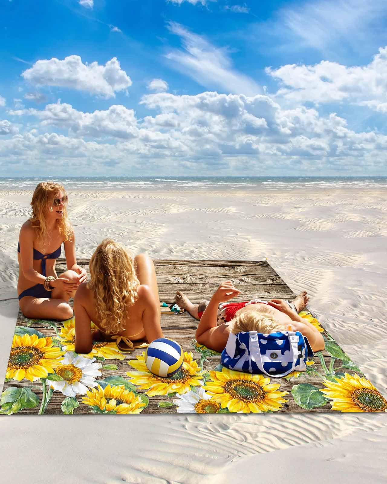 Beach Blanket Sandproof Waterproof Picnic Blankets Farm Sunflower Yellow Floral Extra Large Lightweight Outdoor Beach Mat with Corner Pockets for Travel/Camping/Hiking Retro Brown Wood Grain