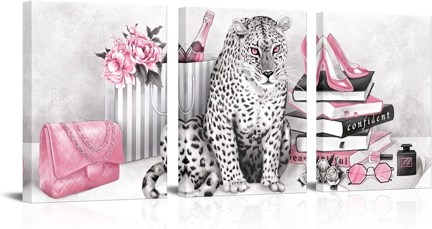 Visual Art Decor Glam Fashion Picture Pink Blush Wall Art Leopard Books High Heel Shoes Perfume Canvas Prints for Modern Home Office Woman Girl Makeup Bedroom Wall Decoration Creative Design Gift 24inx32inx3 Pieces