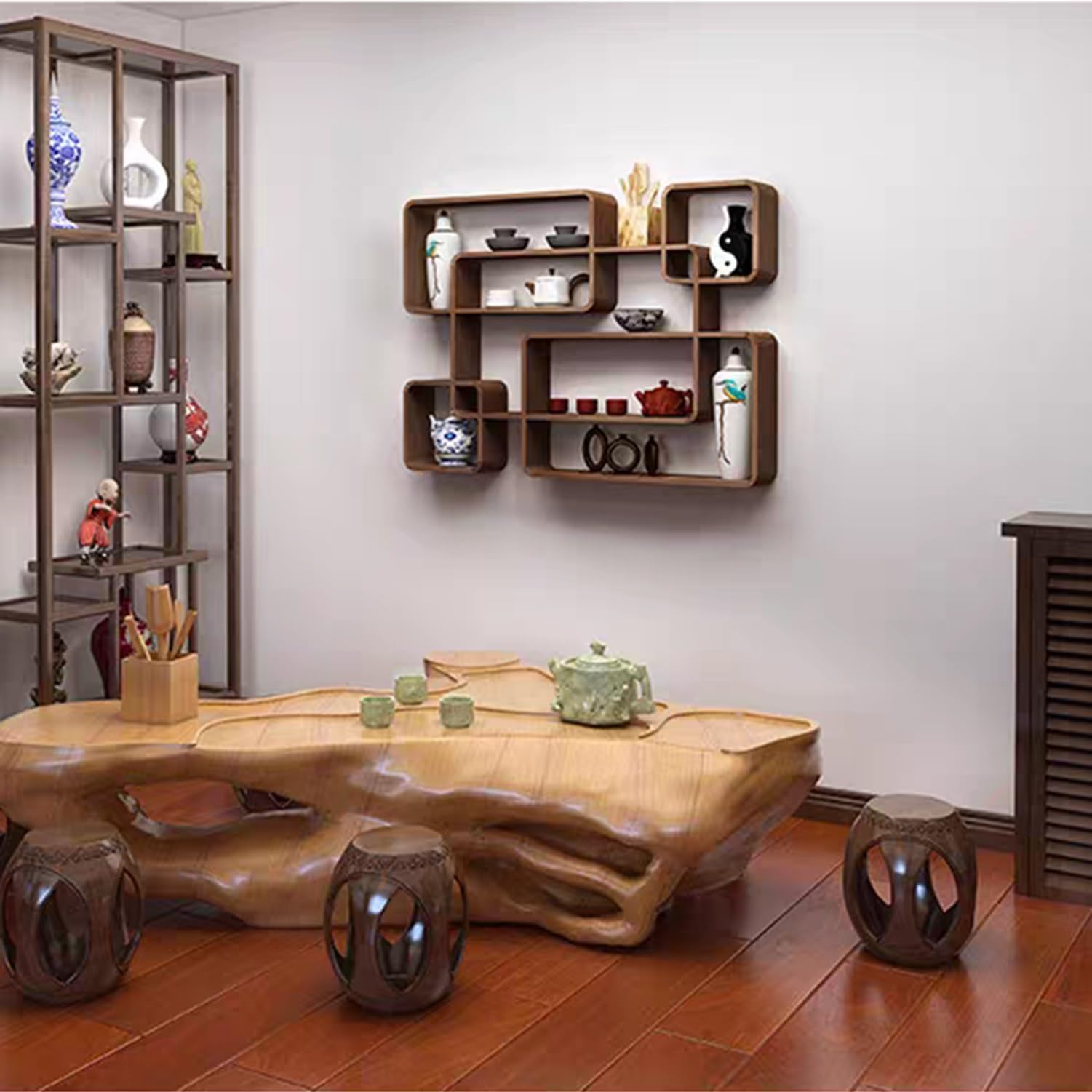 Présentoir mural pour tasses à café, organisateur de tasses en bois rustique pour tasses à thé, théières et objets de collection
