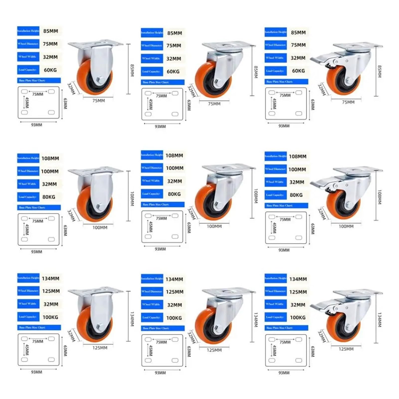 Ruote Girevoli Da 3 "/ 4" / 5 '' PVC Blackheart Orange Face Ruote for Mobili Freni A Doppio Asse Ruote Industriali Scaffale Da Tavolo