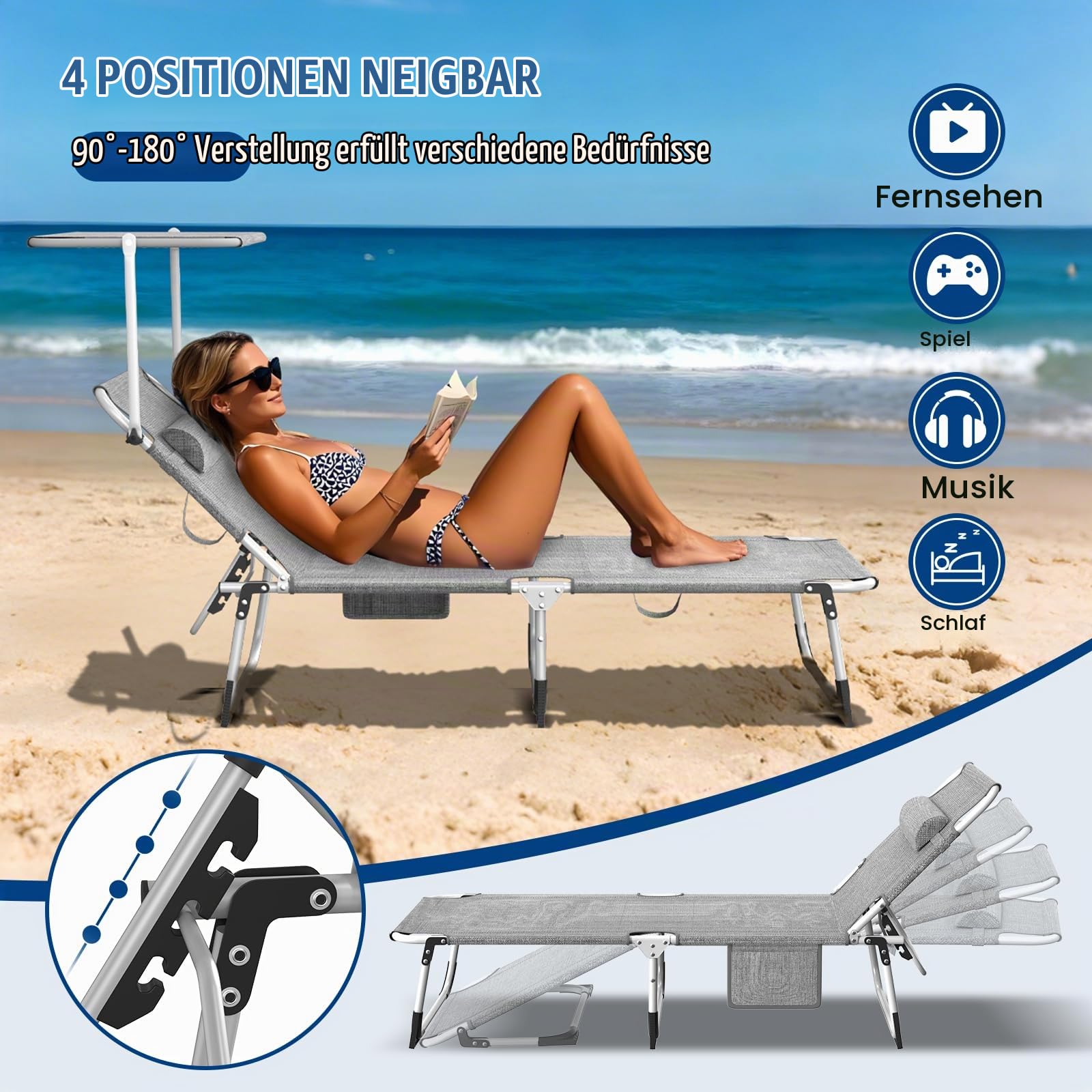2er Set Sonnenliege Extra Breit 195x69x29, Liegestuhl Leicht mit Dach-Kopfkissen-Seitentasche, Verstellbarer Rückenlehne, Gartenliege, Strandliege Tragbar für Strand, Klappbare Sonnenliege, Leinengrau