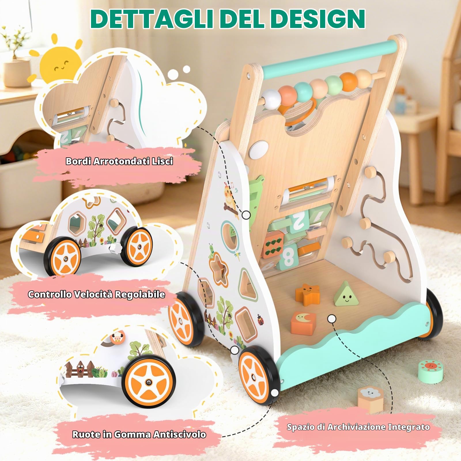Carrellino Primi Passi Legno Montessori Girello Bambini 12 Mesi+ | Due altezze (500/547 mm) e Velocità Regolabile: Cresce con il Bambino e Mantiene un'andatura Sicura e Sempre Sotto Controllo