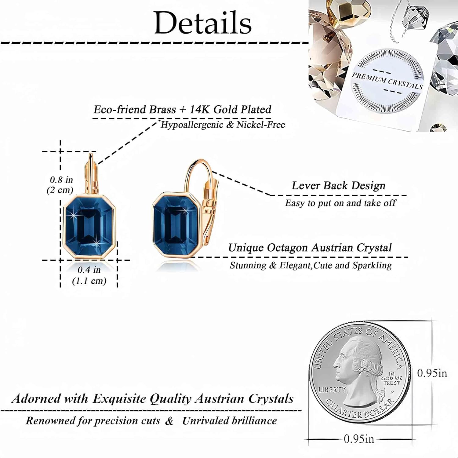 Austrian Crystal Octagon Leverback Drop Earrings for Women 14K Rose Gold Plated Hypoallergenic Jewelry - Image 4