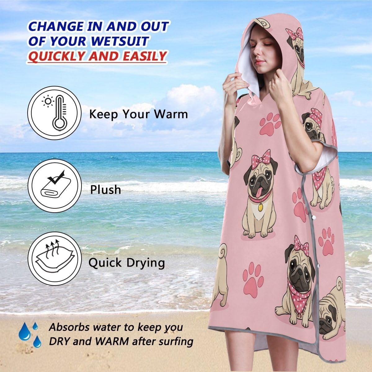 Joisal Cute Pugs Pink Surf Poncho Adults Changing Robe Wearable Men Women Poncho with Hood Hooded Beach Towel Print