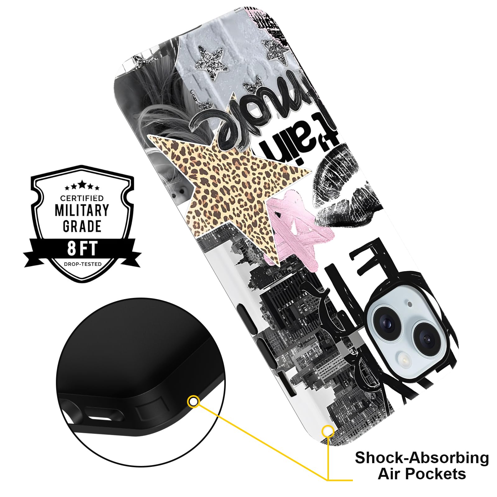 Custodia compatibile con iPhone 15, custodia protettiva ibrida a 2 strati con collage di Star Coquette, custodia protettiva antigraffio ibrida a 2 strati per ragazza, ragazzo, donne, uomo-CZ03