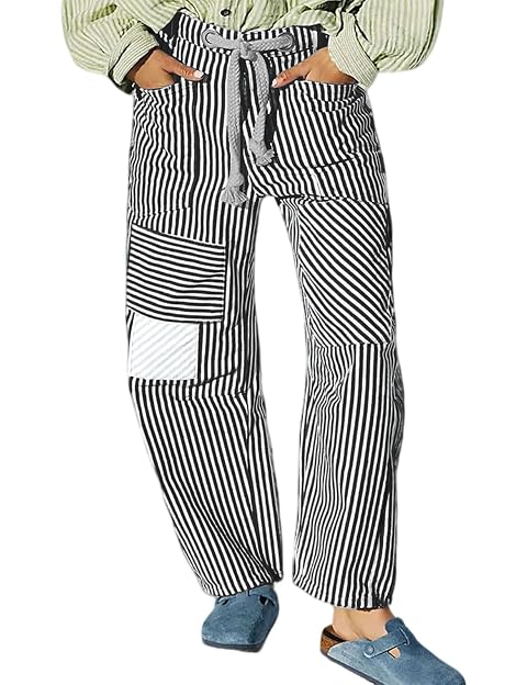 loveimgs Women Baggy Barrel Jeans Patchwork Denim Striped Pants Mid Rise Wide Leg Jeans Drawstring Boyfriend Fall Sweatpants