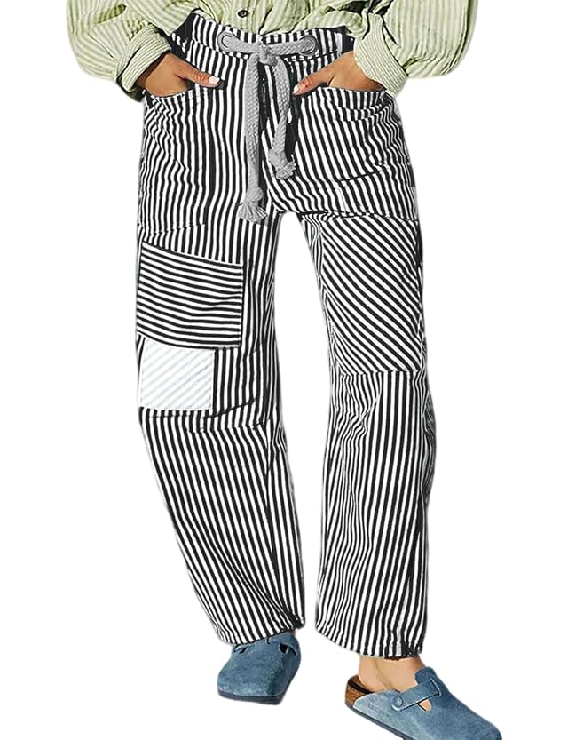 loveimgs Women Baggy Barrel Jeans Patchwork Denim Striped Pants Mid Rise Wide Leg Jeans Drawstring Boyfriend Fall Sweatpants
