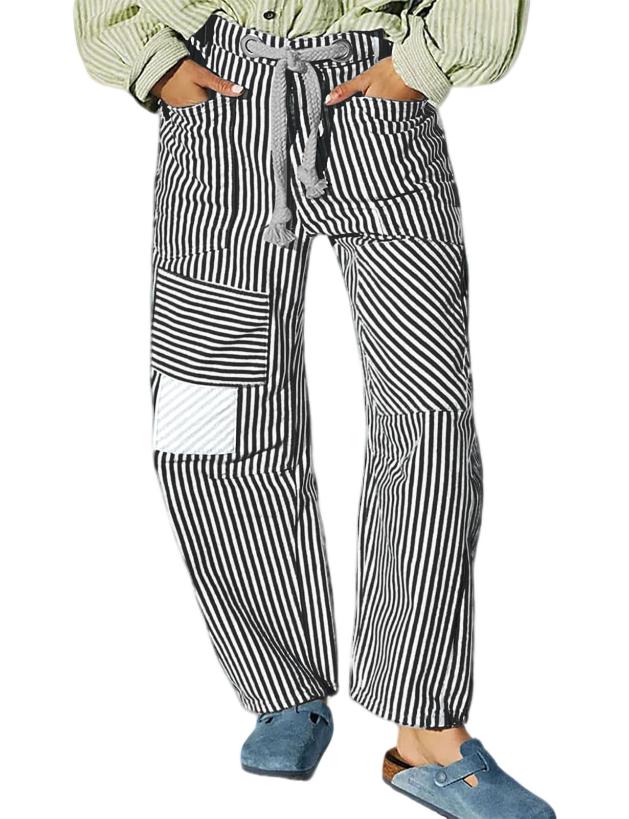 loveimgs Women Baggy Barrel Jeans Patchwork Denim Striped Pants Mid Rise Wide Leg Jeans Drawstring Boyfriend Fall Sweatpants