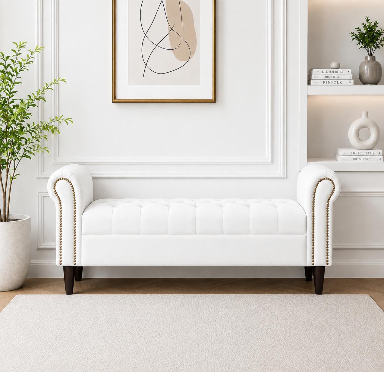 Teak Wood Upholstered Storage Bench with Armrest Bench Ottoman Pouffe Puffy Settee 2 Seater Sofa Footstool for Livingroom Bedroom Office Hotel (White)-image-22
