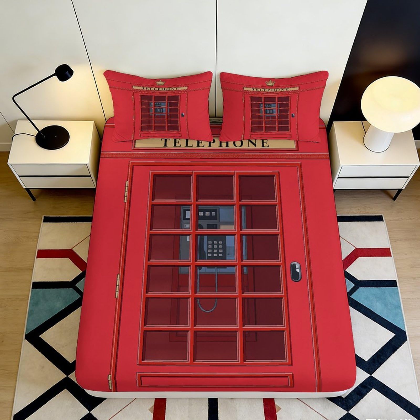 3D Printed Red Telephone Booth Fitted Sheet Microfiber Soft Bed Cover for Bedroom Dorm Mattress Protection Decor 90x200x25cm