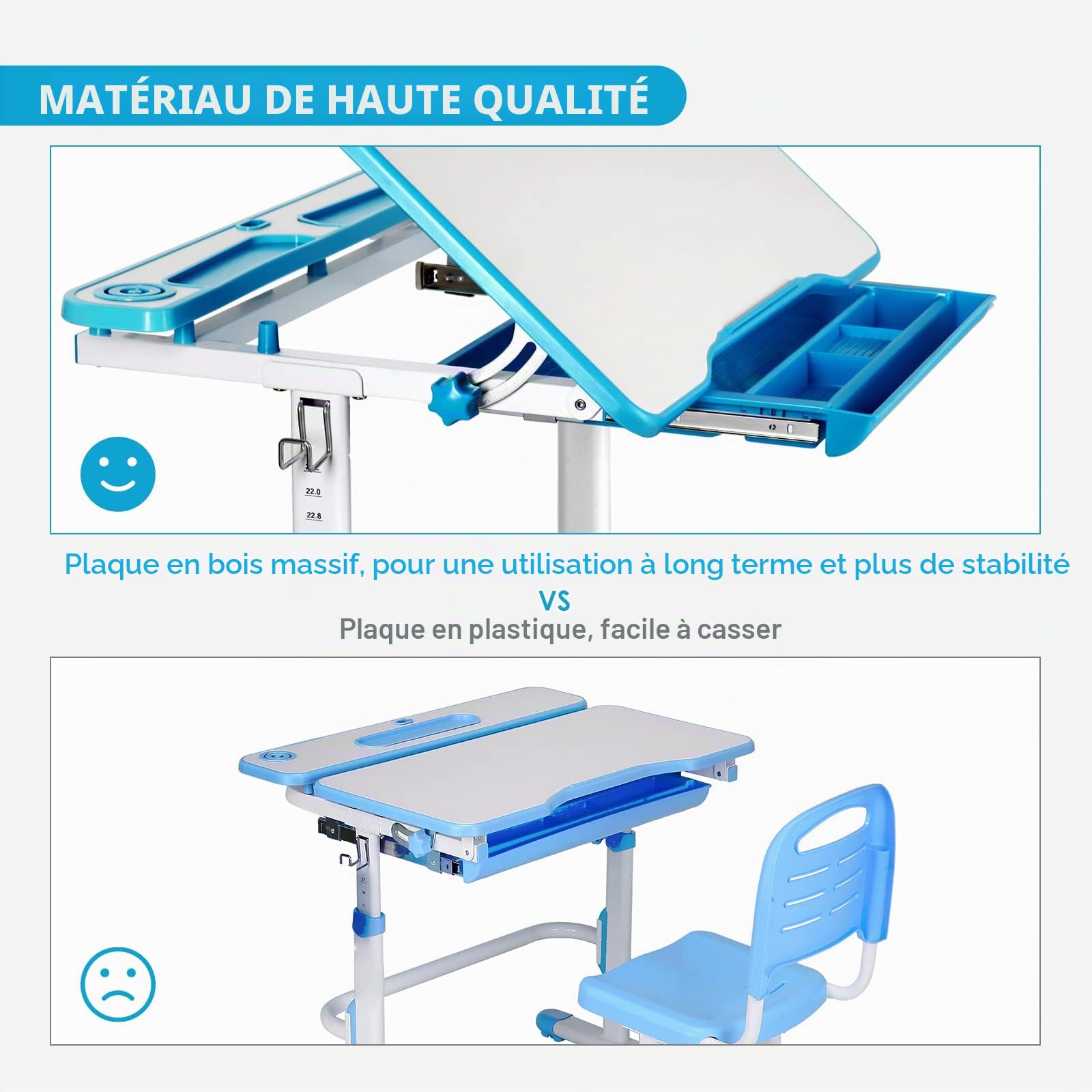 JOYLDIAS Bureau pour Enfant réglable en Hauteur avec Lampe et Chaise et tiroir avec Petit Seau
