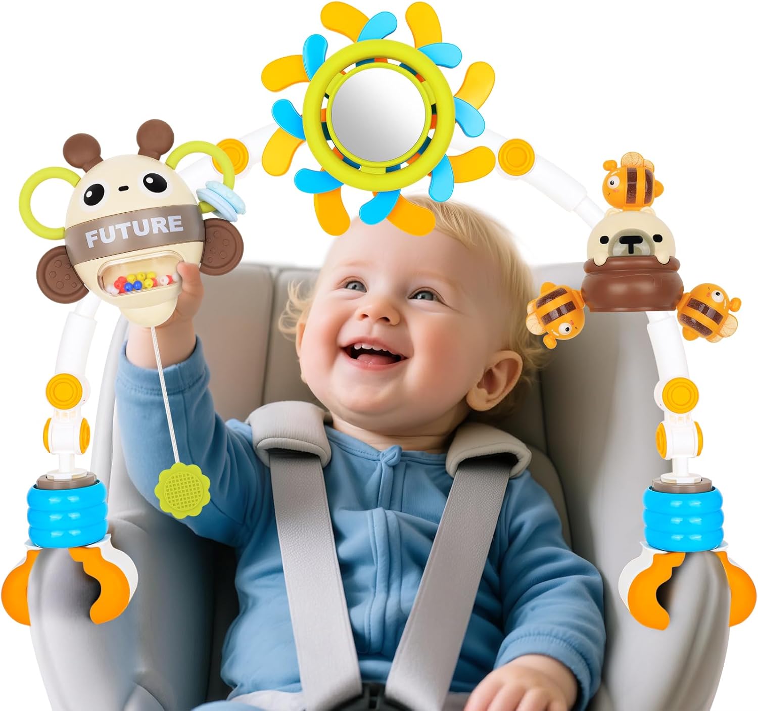 Baby Activity Stroller Arch Toys,Car Seat Toys for Adjustable Bouncer Arch Crib Bassinet Hanging Toys Mobile Clip on Stroller Developing Motor Infants Toddlers Skills with Rattle,Mirror,Teether Gift