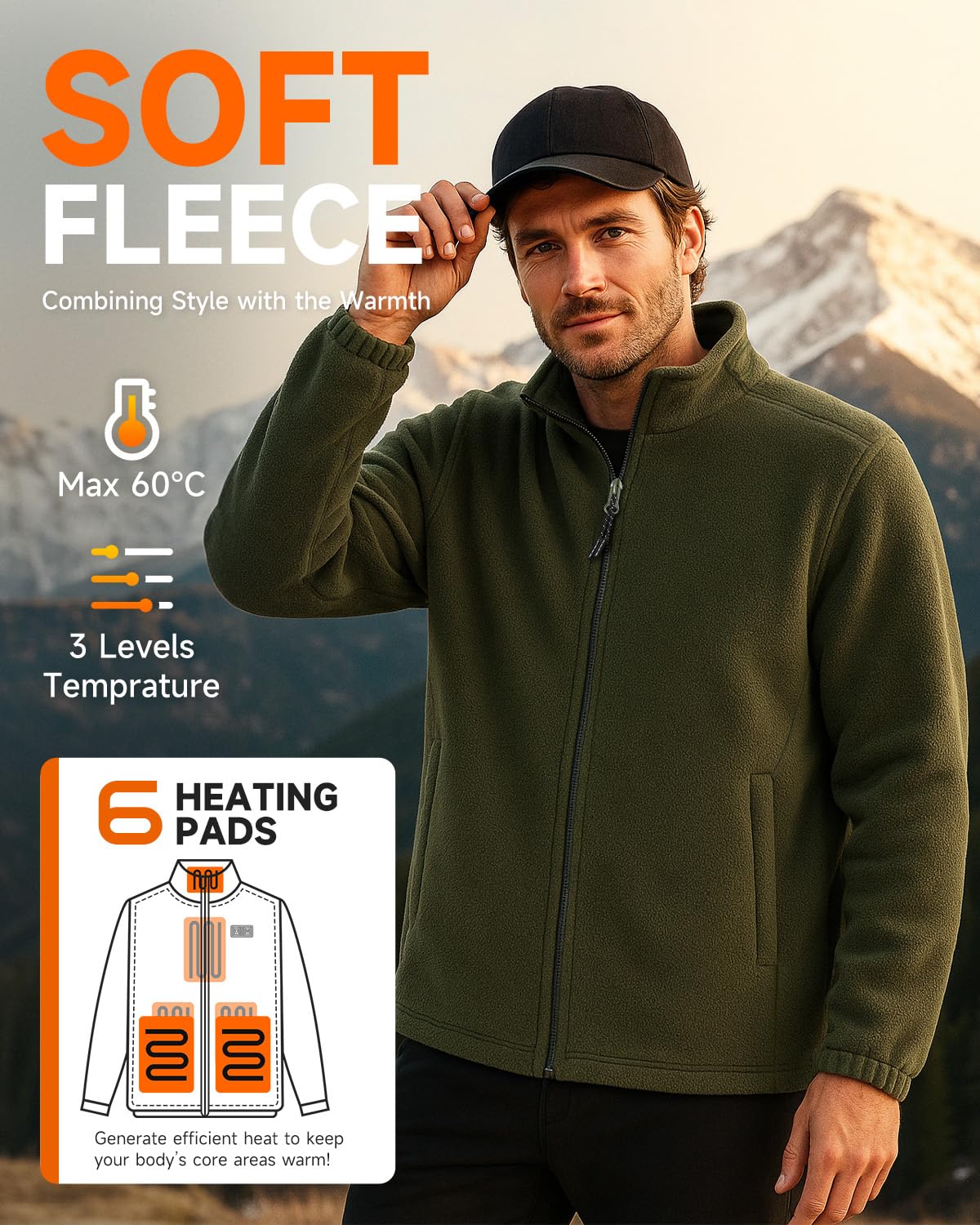LABCOOL Veste Chauffante Homme Femme - Veste Thermique en Micro-polaire avec 3 Niveaux de Chauffage et 6 Zones - Alimentation USB avec Powerbank 10000mAh - Lavable en Machine