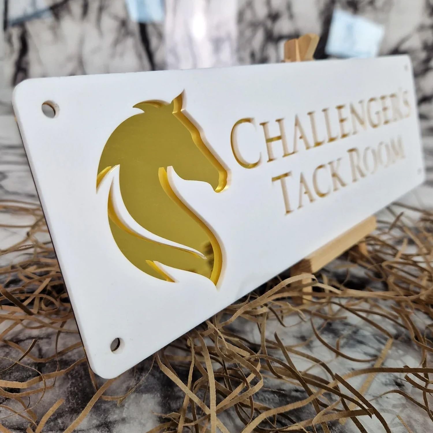 miguha Custom Horse Stable Name Plate Horse Name Plaque, Custom Horse Stall Acrylic Sign For Farm Barn Sign, Customized Outdoor Horse Name/Number Door Sign Gift For Horse Lovers(White Gold)