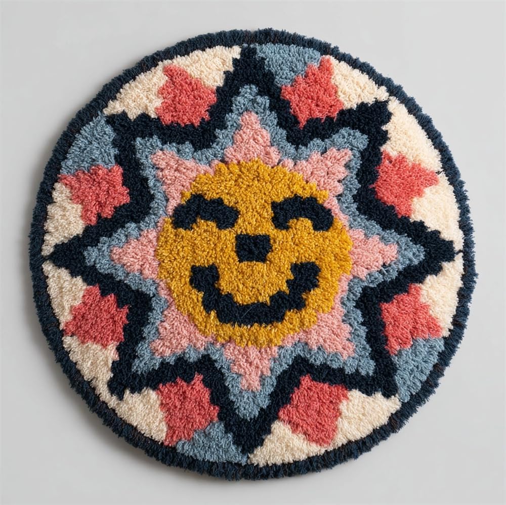 kitphoenix Round Latch Hook Rug Kits, Smiling Star 50X50Cm Home Carpet Rug Making Canvas Kits, DIY Crochet Kits Embroidery Kits Needlework Crafts for Home Decor, Latch Hook Kits for Beginners Adults