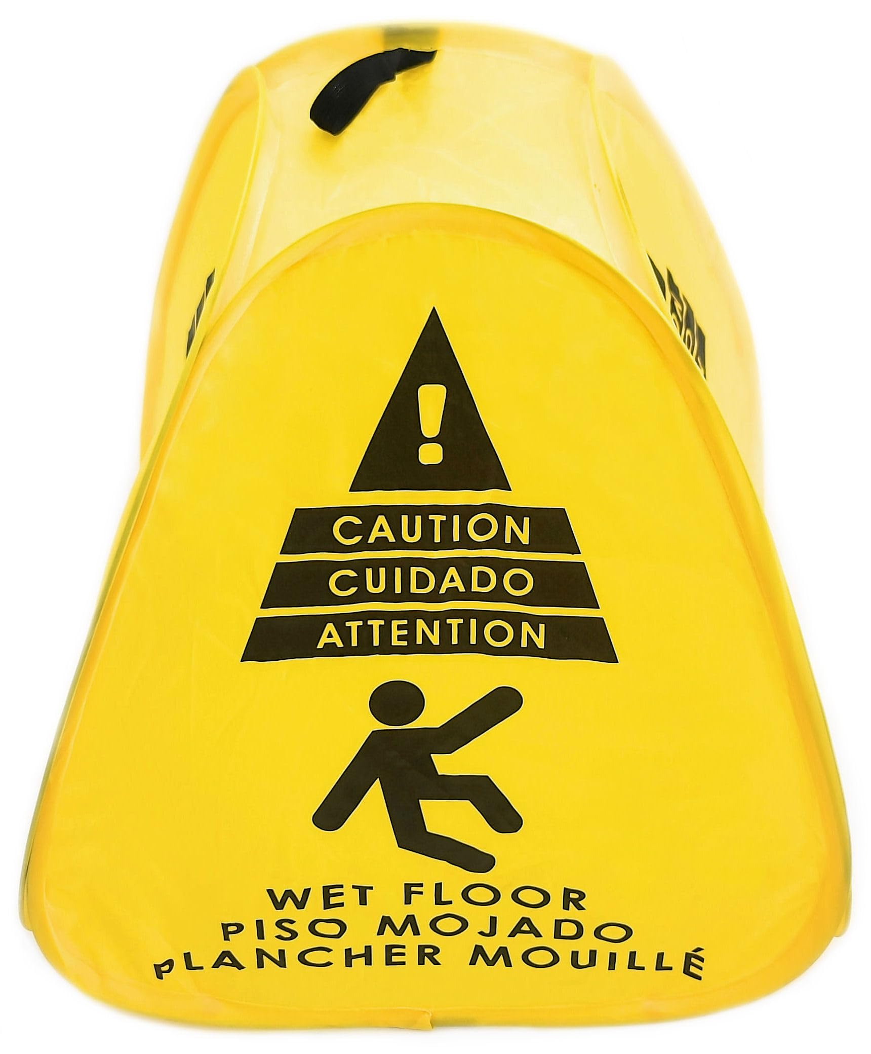 Kraken Sign Co - Señal emergente amarilla bilingüe de 4 lados bilingüe inglés/español/francés, advertencia emergente de precaución para suelo húmedo, 40.6 cm para restaurante, seguridad comercial e