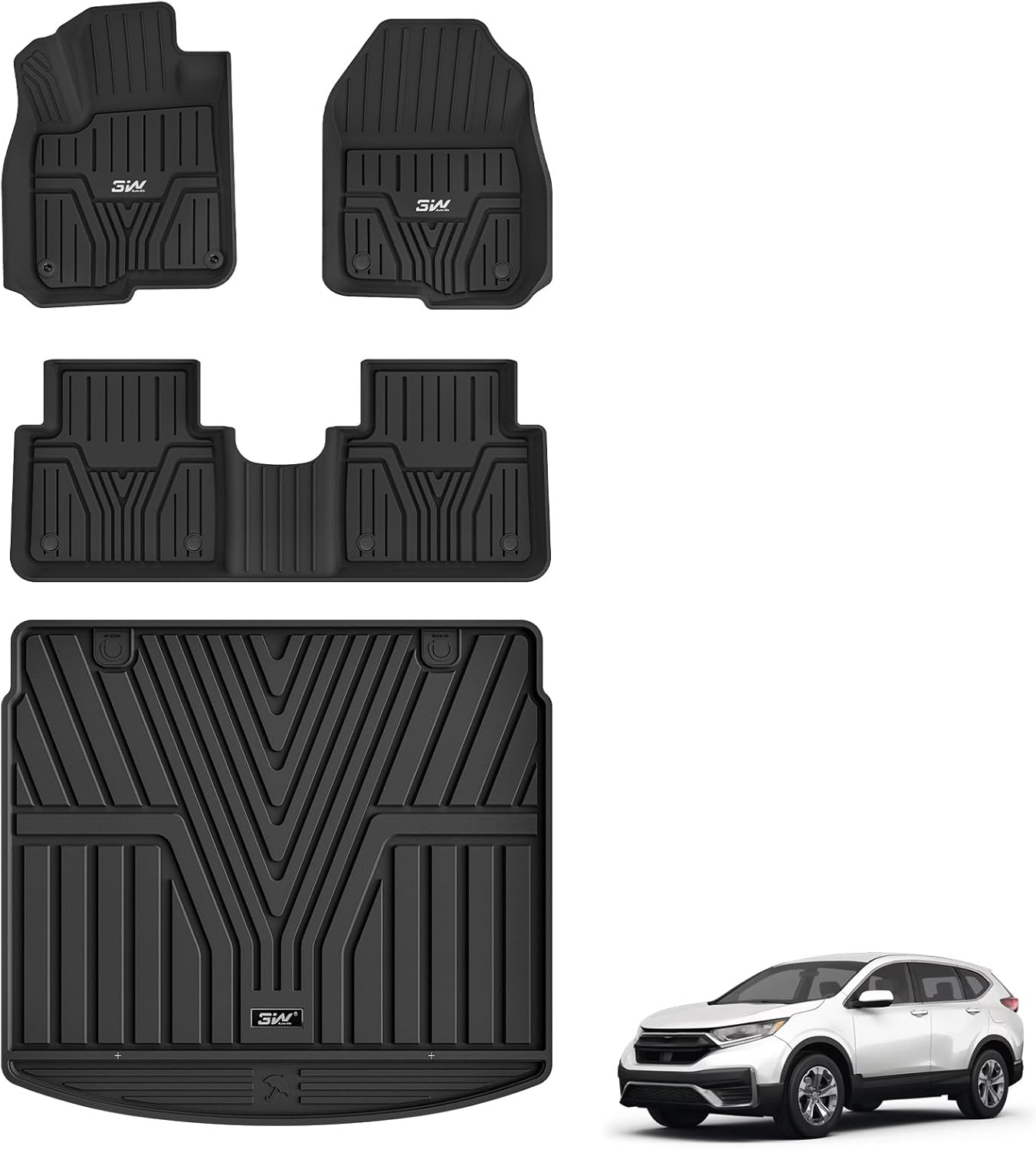 3W Floor Mats & Cargo Liner Fit for Honda CR-V 2017-2022(Not Fit for Hybrid), All Weather TPE Custom Fit Floor Liner 1st, 2nd Row and Full Set Trunk Car Mats Black 3. CRV|17-22|Floor Mats & Cargo Liner
