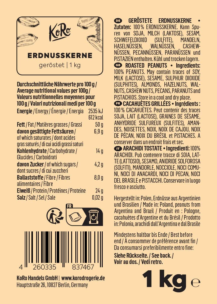KoRo - Cacahuetes tostados sin sal ni aceite 1kg - gran paquete de cacahuetes naturales tostados sin sal, aditivos artificiales ni aceite
