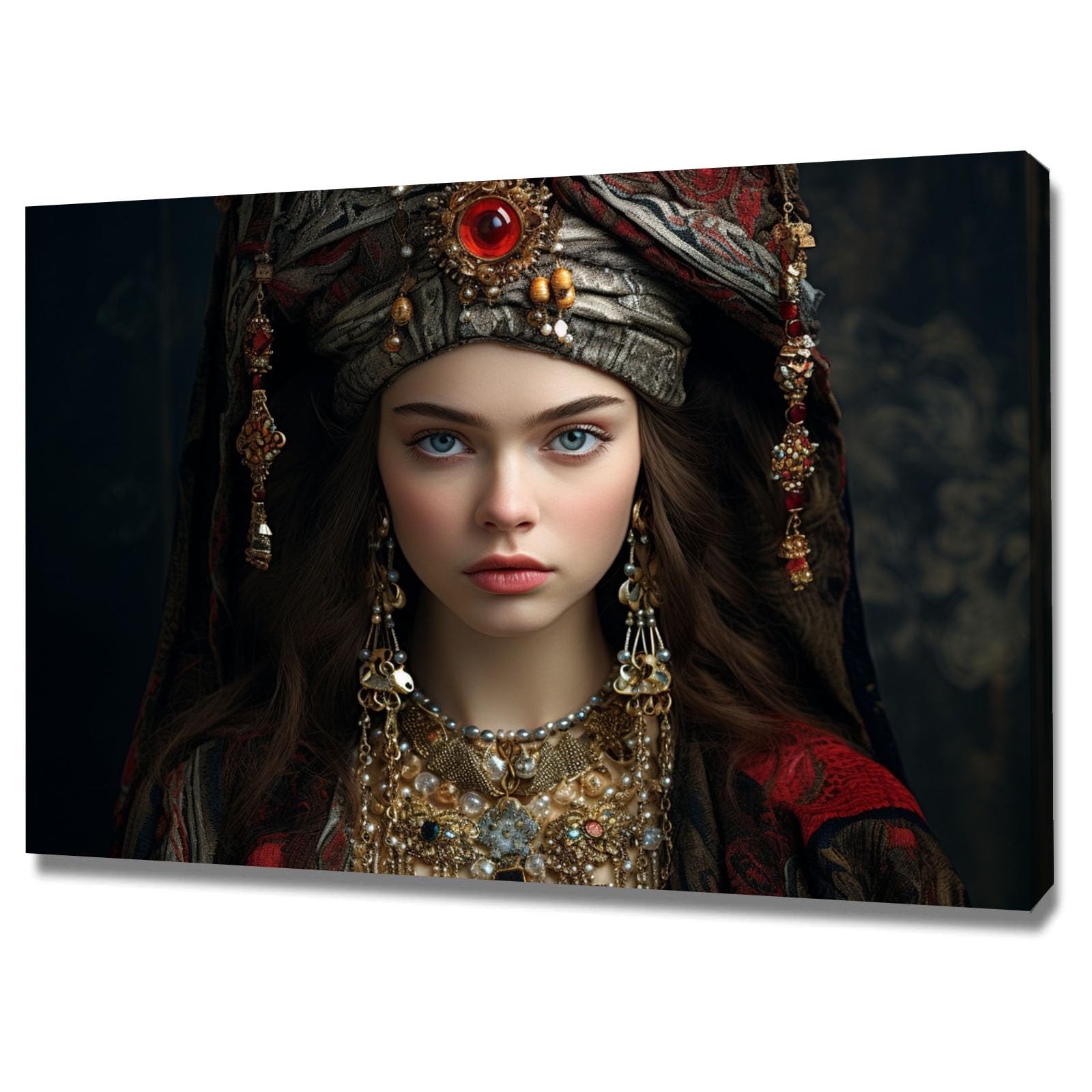 TERUEA Funny Bathroom Wall Decor Poster Ornate Woman With Red Gemstone Headdress Canvas Prints Wall Art Pictures Artwork for Bedroom Home Decor(Red)-60x90cm Framed