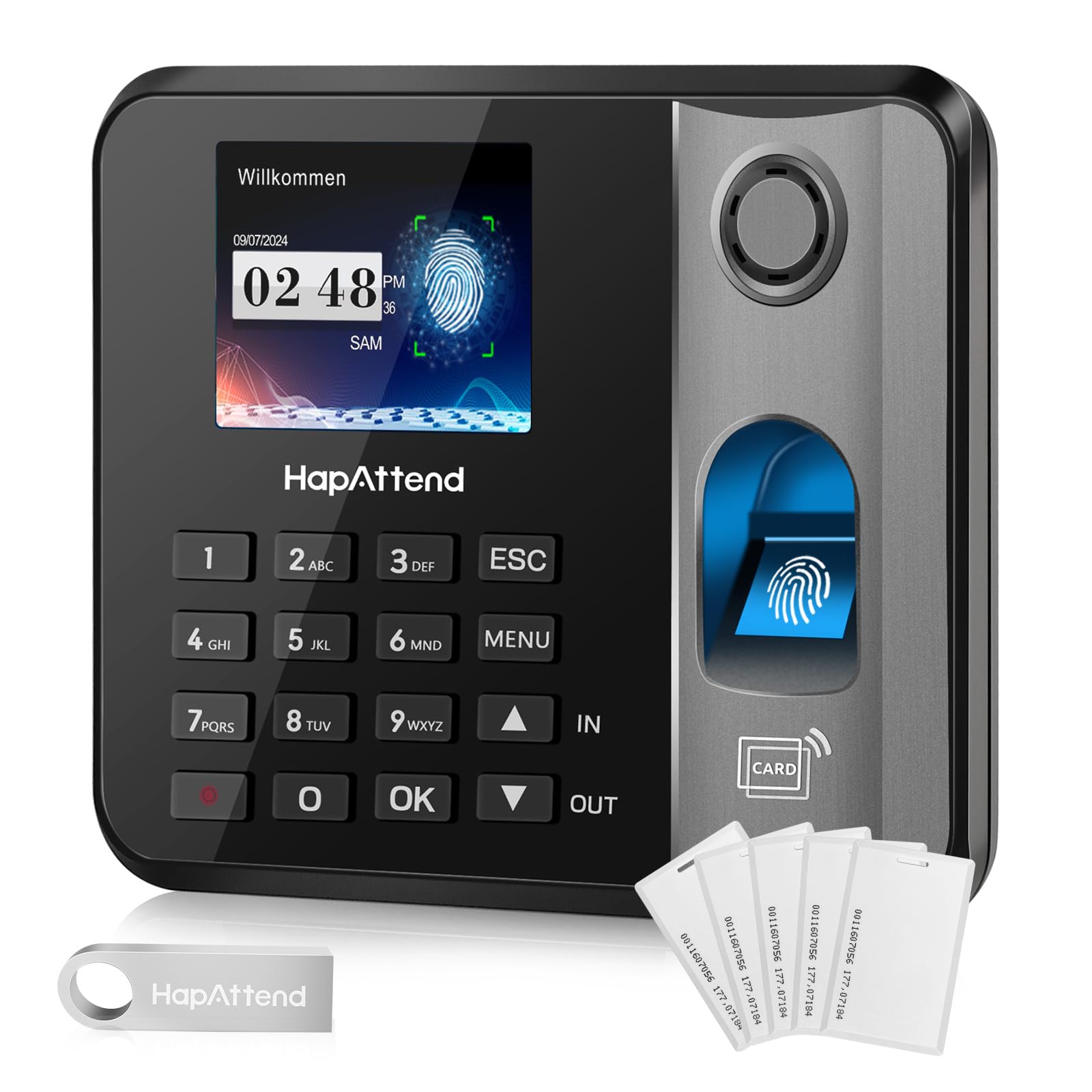 Registro de tiempo para pequeñas empresas, reloj de sello de huellas dactilares, registro de tiempo de trabajo, reloj de sello de edición alemana, registro de tiempo empleados con 5 RFID (0