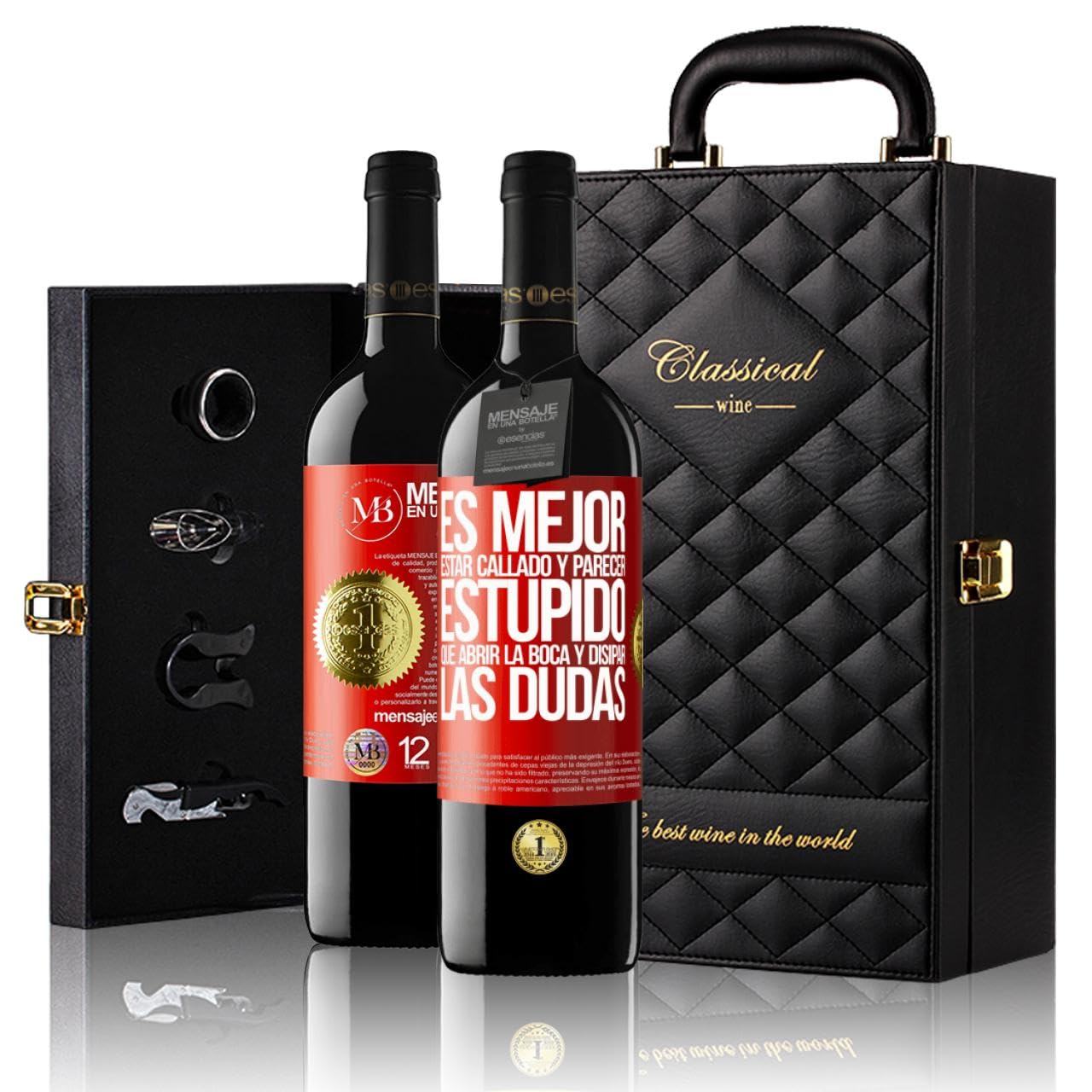 «Es mejor estar callado y parecer estúpido, que abrir...» Mensaje en una Botella. Estuche-Maletín de LUJO 2x Vino Tinto Premium Reserva 12 Meses y Set de 4 Accesorios. Etiqueta Roja PERSONALIZABLE