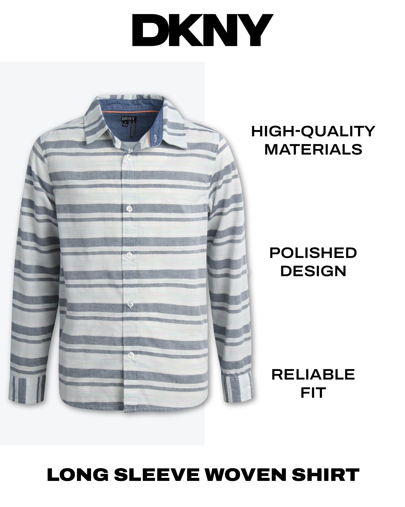 DKNY Jungen Button-Down-Shirt – weich gewebter Kragen Jungen Langarmshirts – lässiges Kleid Hemd für Schule, Urlaub, Urlaub | Weicher, atmungsaktiver, leichter Stoff, polierter Kragen-Look, einfacher Alltagsstil für Schule, Urlaub und Urlaub