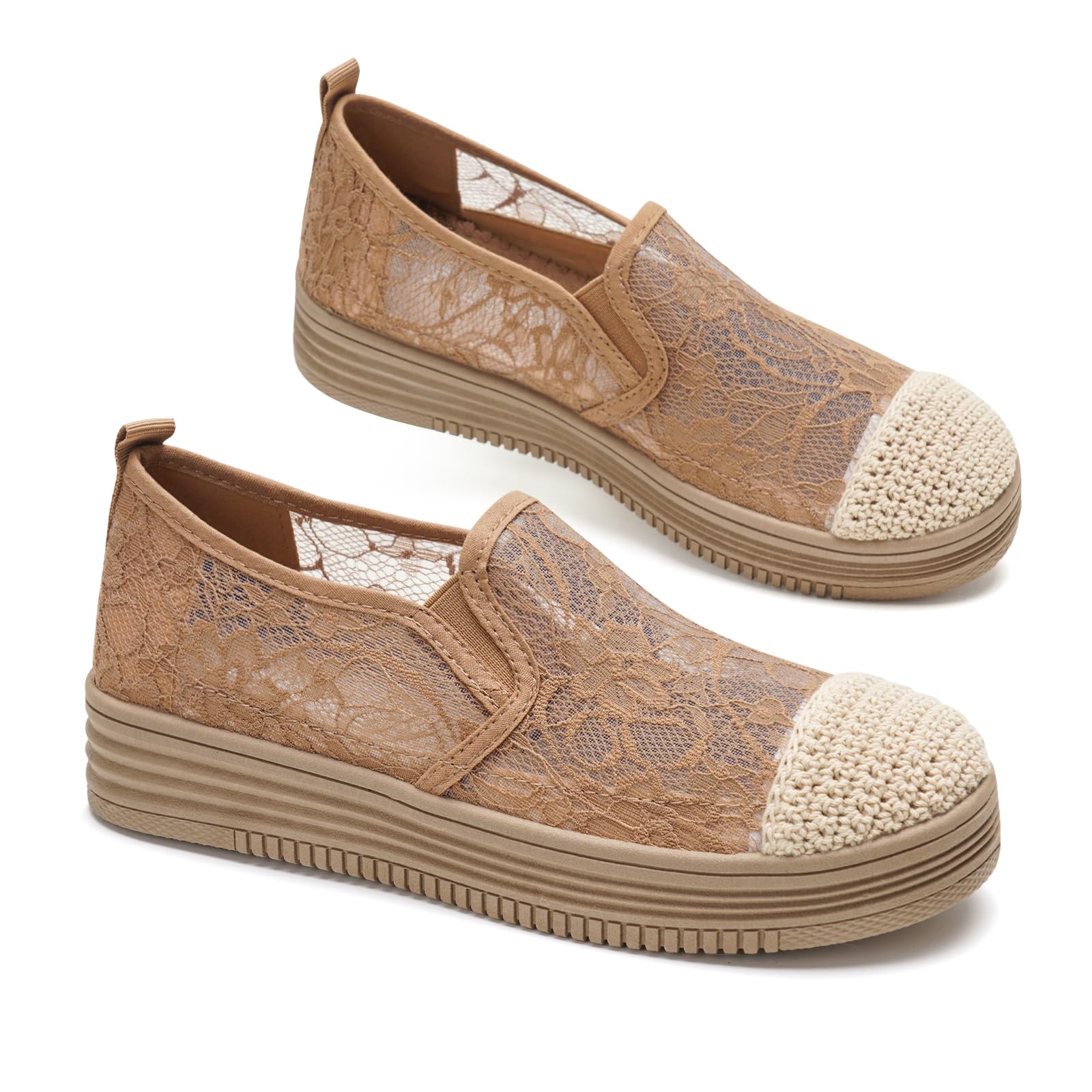 GLAMORA Damen Mokassin Spitze Slipper Espadrilles Plateau Atmungsaktiv Sommer Schuhe Leicht Bequem Slip On Halbschuhe Flach Komfort Flexible Sohle