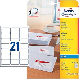Avery Self Adhesive Address Mailing Labels, Inkjet Printers, 21 Labels per A4 Sheet, 525 labels, QuickDRY, White, 25 Sheets