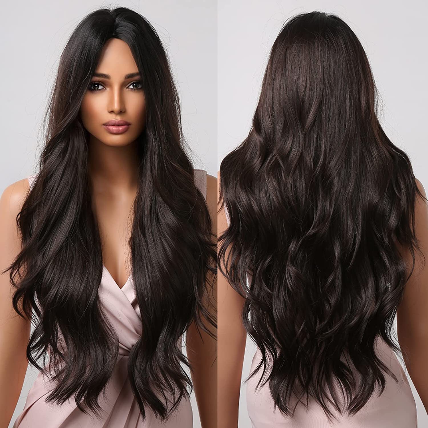 VIEWS Brown Wig for Women Long Wavy Hair Glueless Matt Finish Synthetic Wigs Middle Part for Daily Party-24 Inch-image-5