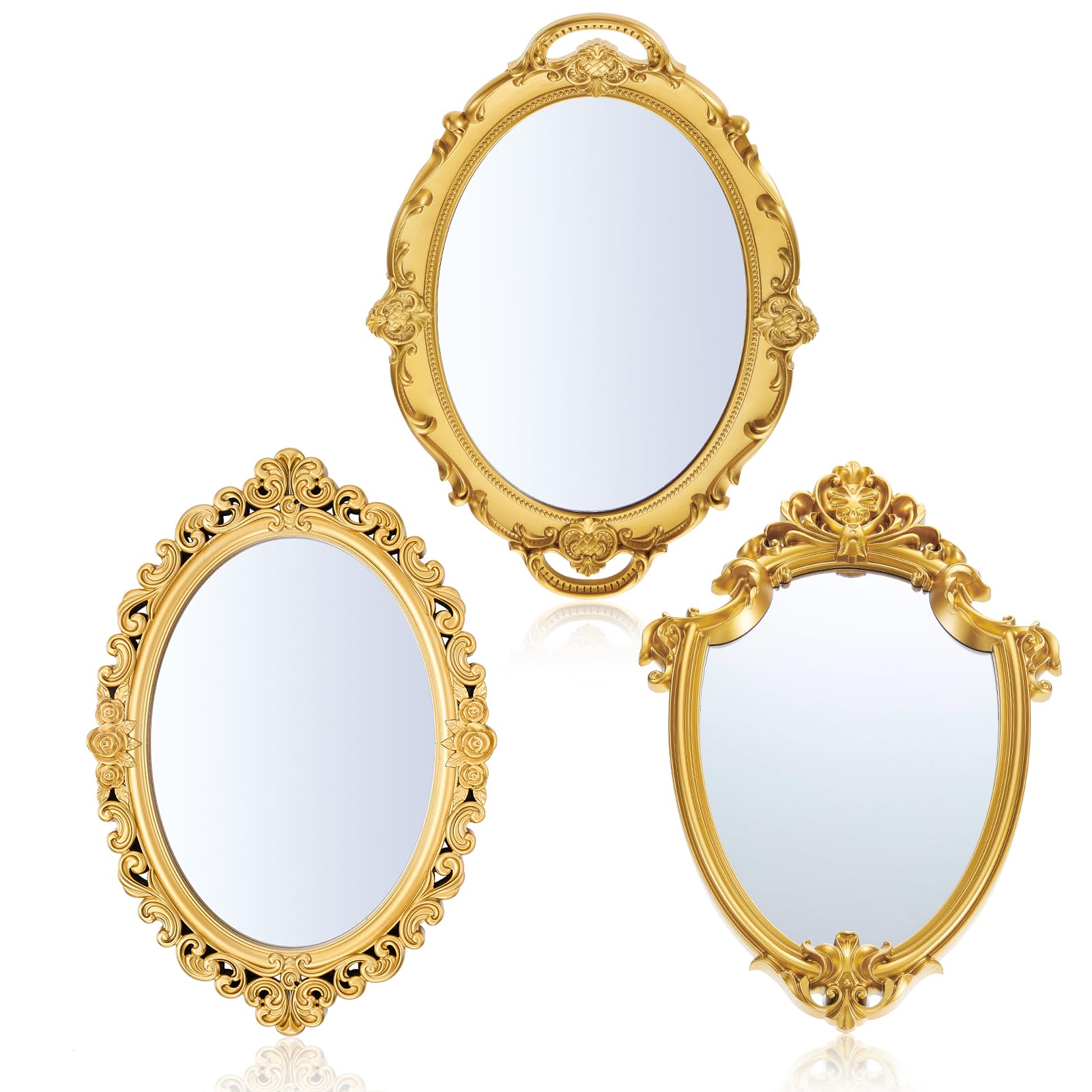 Photo 1 of Beeveer 3 Style Vintage Mirrors Set Decorative Oval Wall Mirror Small Antique Mirrored Tray Decorative Hanging Mirror for Bathroom Bedroom Jewelry Organizer Victorian Decor (Shield,Gold)