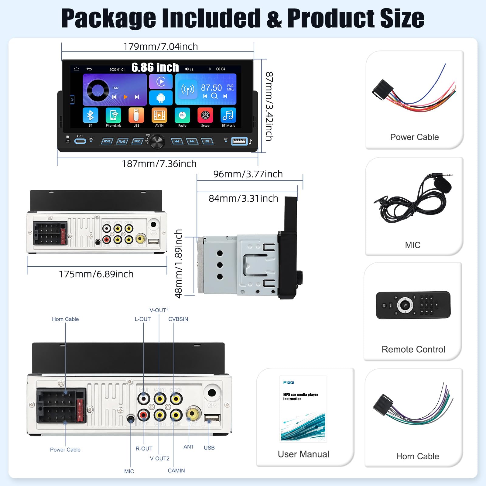 CAMECHO Autoradio 1 Din, Carplay Voiture Android Auto sans Fil, Poste Radio Bluetooth avec Écran Tactile LCD 6.86 Pouces Écran HD avec Lien Miroir Contrôle Au Volant + Connecteurs USB Type-C