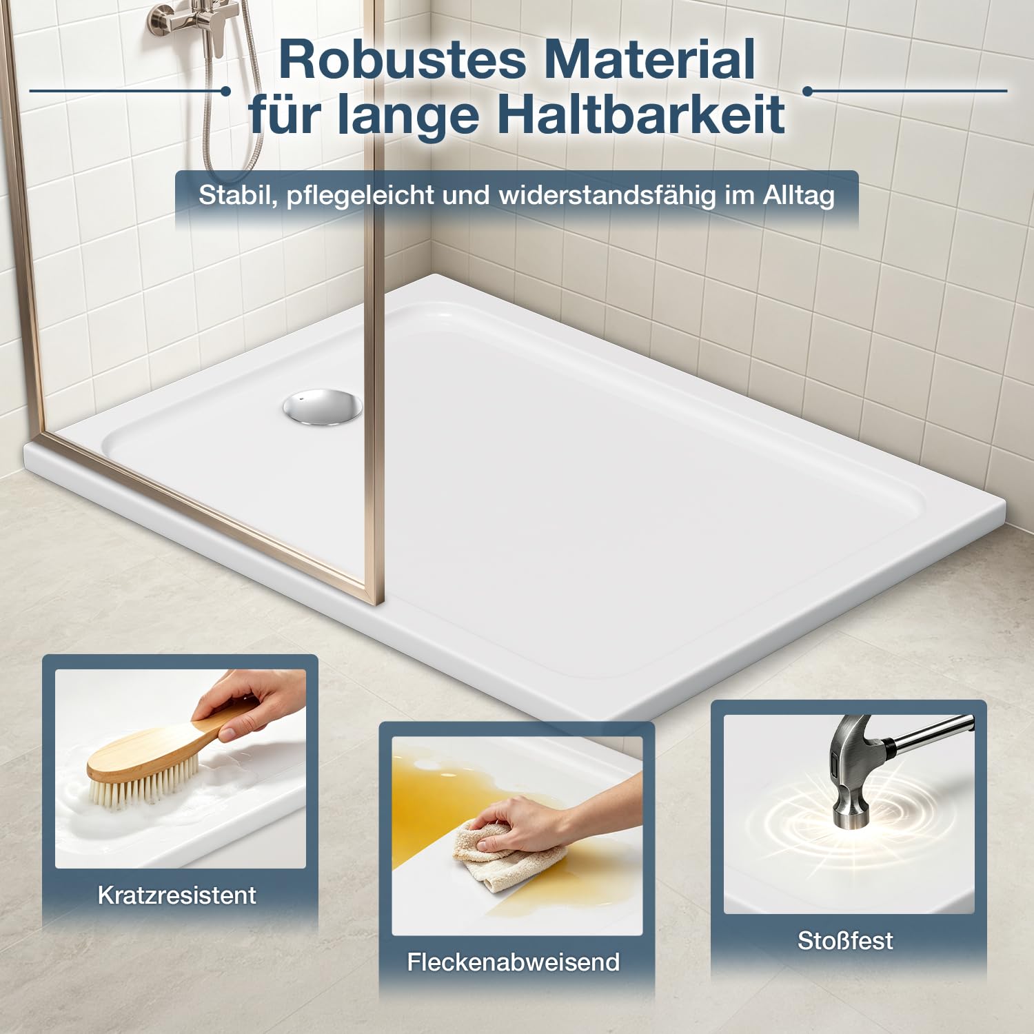 Piatto doccia 90 x 120 x 4 cm, in acrilico, 4 cm, piatto, bianco | Diametro 90 mm, foro di scarico, piatto doccia piatto da 4 cm, con pendenza, per piccoli bagni, ristrutturazione del bagno