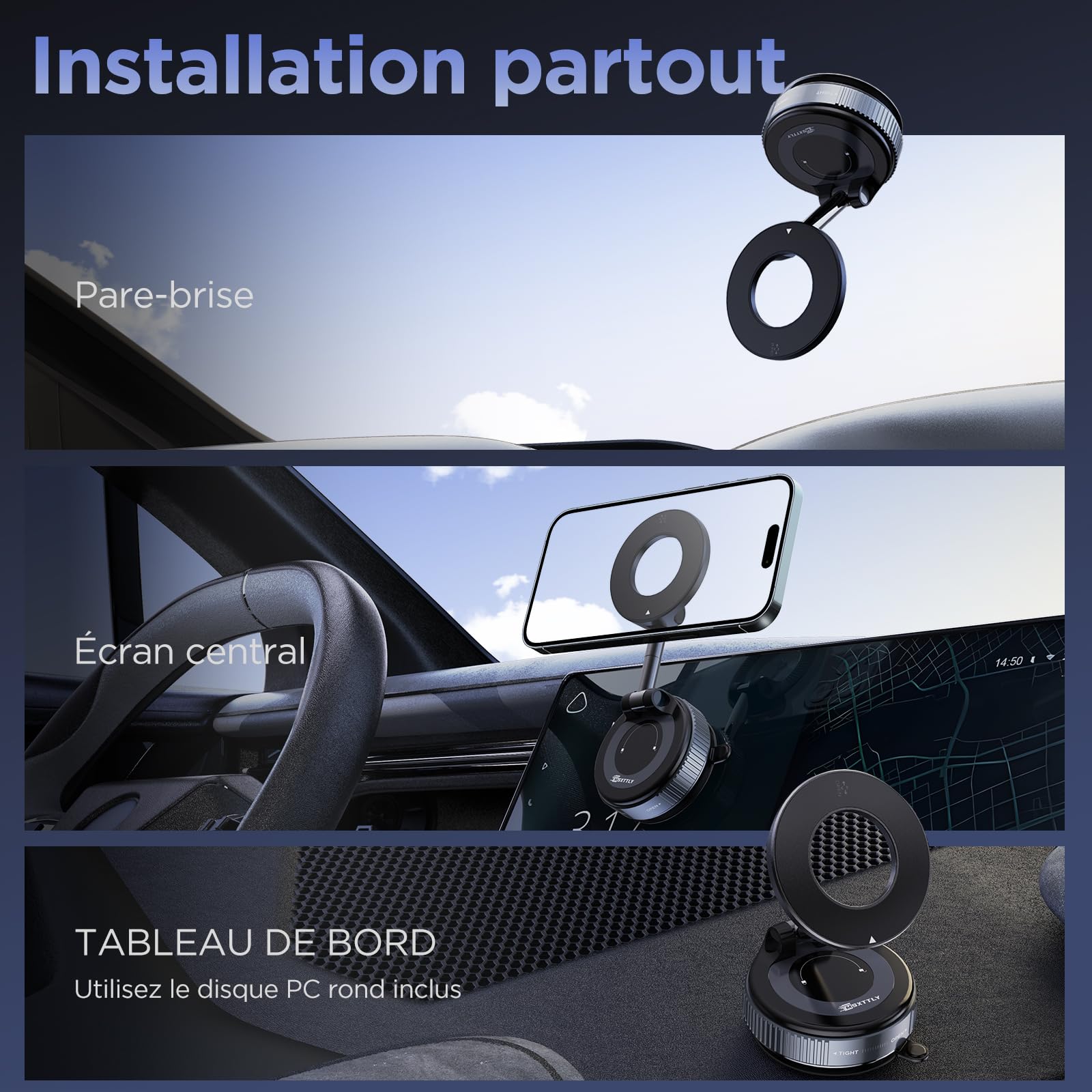 MSXTTLY Support Telephone Voiture pour Magsafe Support Telephone Voiture Magnétique, Rotation 360 Portable Aimanté Voiture pour iPhone 17 Pro Max 16-12 et Android, Vmag-S1 Noir