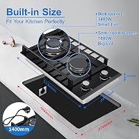 TopStrong 2 Égős Gázfőzőlap, 30 cm Edzett Üveg, Beépíthető, Öntöttvas Tartóval, Kettős Üzemmód, Gyermekzárral, 5200W, Fekete 4