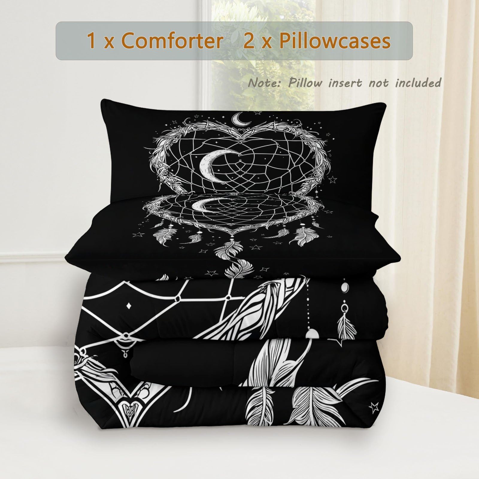Bohemisch Vintage Bettdecke 135 x 200 cm Traumfänger Feder Mond Stern Steppdecke, Schwarz 4 Jahreszeiten Bettdecken - Waschbar Bettzeug Warme Weich Bettdecke ohne Bezug - Schlafzimmer Deko Geschenke