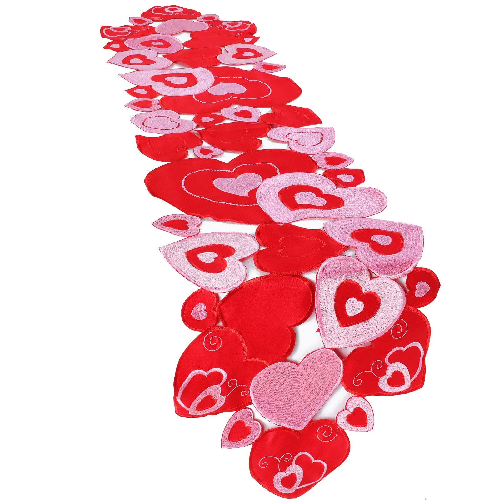 Chemin de table brodé Saint-Valentin rouge et rose 40x170 cm avec jolis motifs cœur