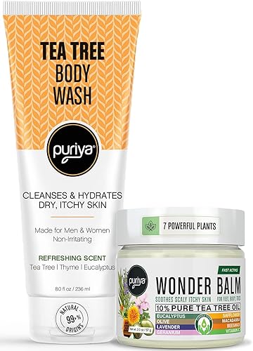 Puriya Juego de bálsamo de aceite de árbol de té y gel de baño para hombres, mujeres, jabón extra fuerte formulado por médicos, aprobado por