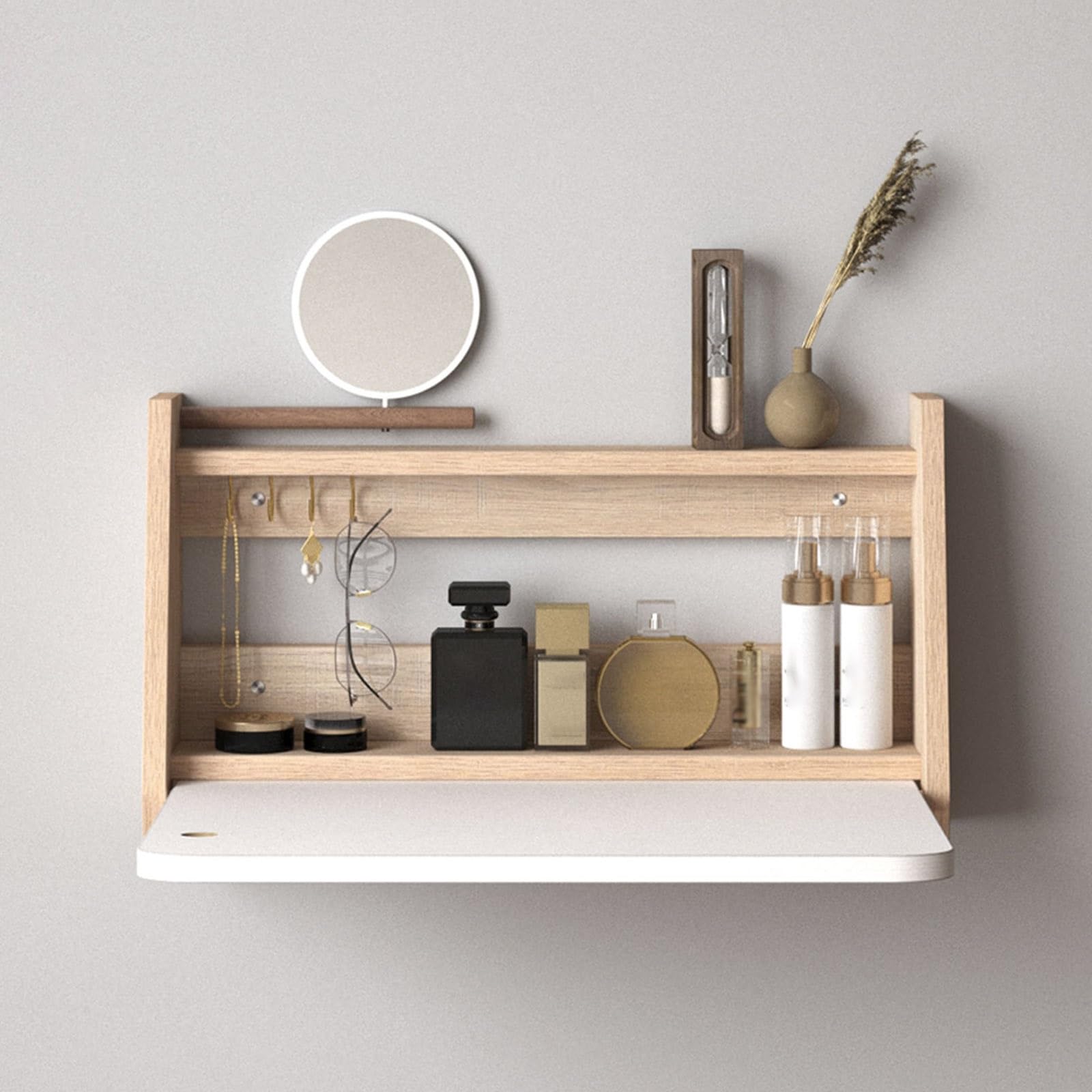 BKSXSOP Wall-Mounted Floating Vanity Table with Mirror, Space-Saving Makeup Desk for Bedroom & Bathroom, Small Wooden Shelf (White, 60cm) - Stylish Functional Design