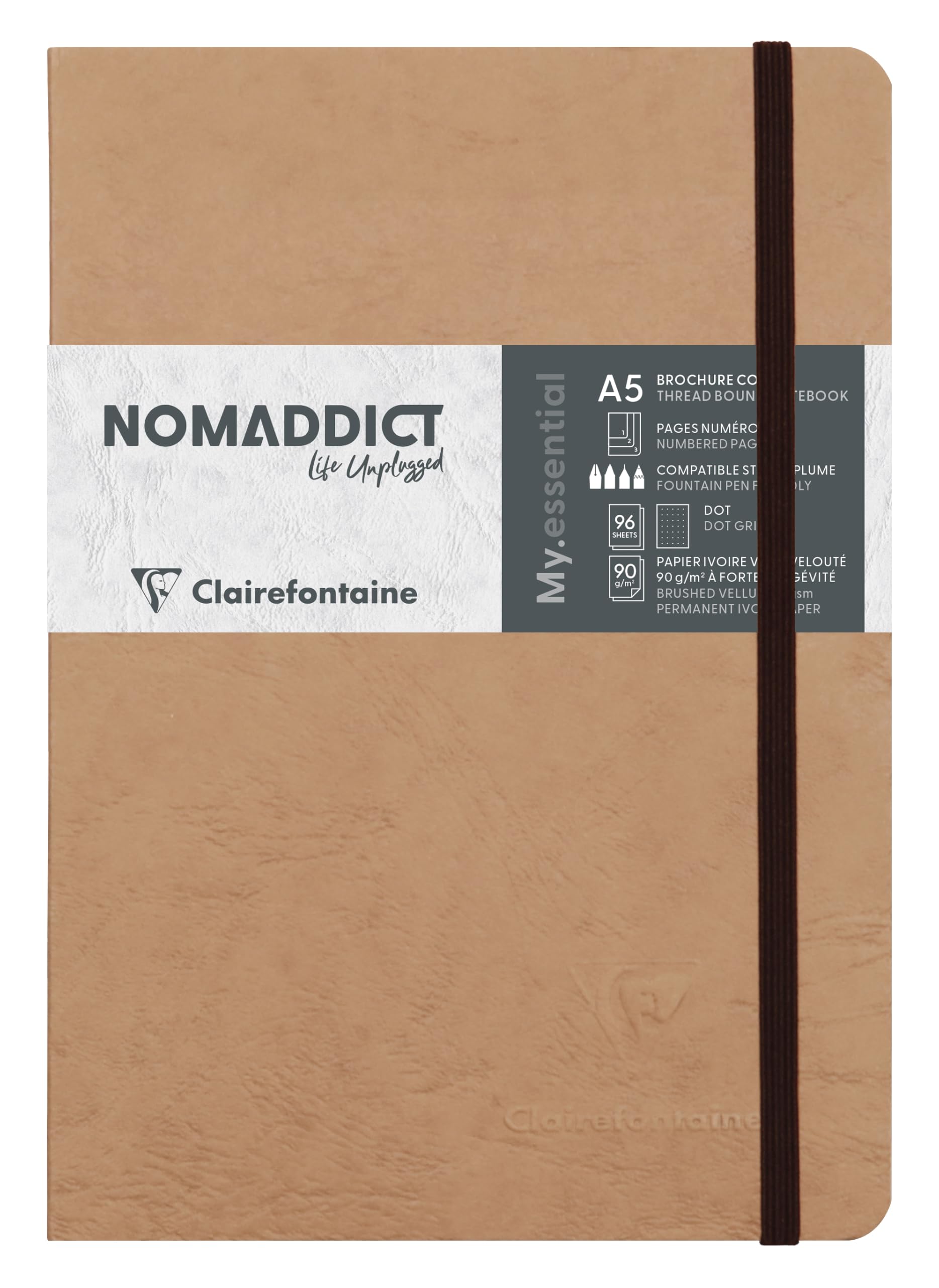 Clairefontaine 79343C Collection Age Bag Stitched Elastic Notebook MyEssential Tobacco - A5 14,8x21cm - 192 DOT Numbered Pages - 90g Ivory Paper - Leather Cover
