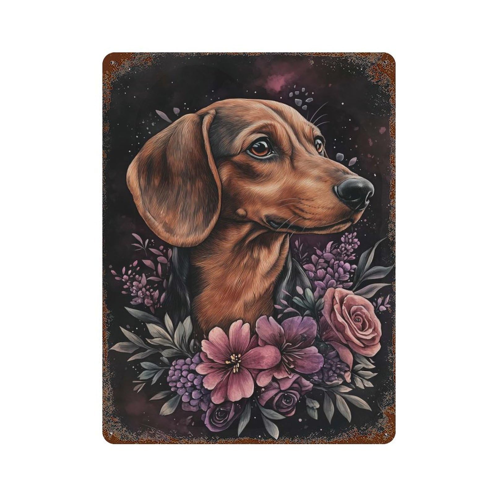 Rust Effect Dachshund with Flowers Aged Metal Wall Plaque 15.7"x11.8", Farmhouse Wall Decor for Office, Studio And Wall Decor