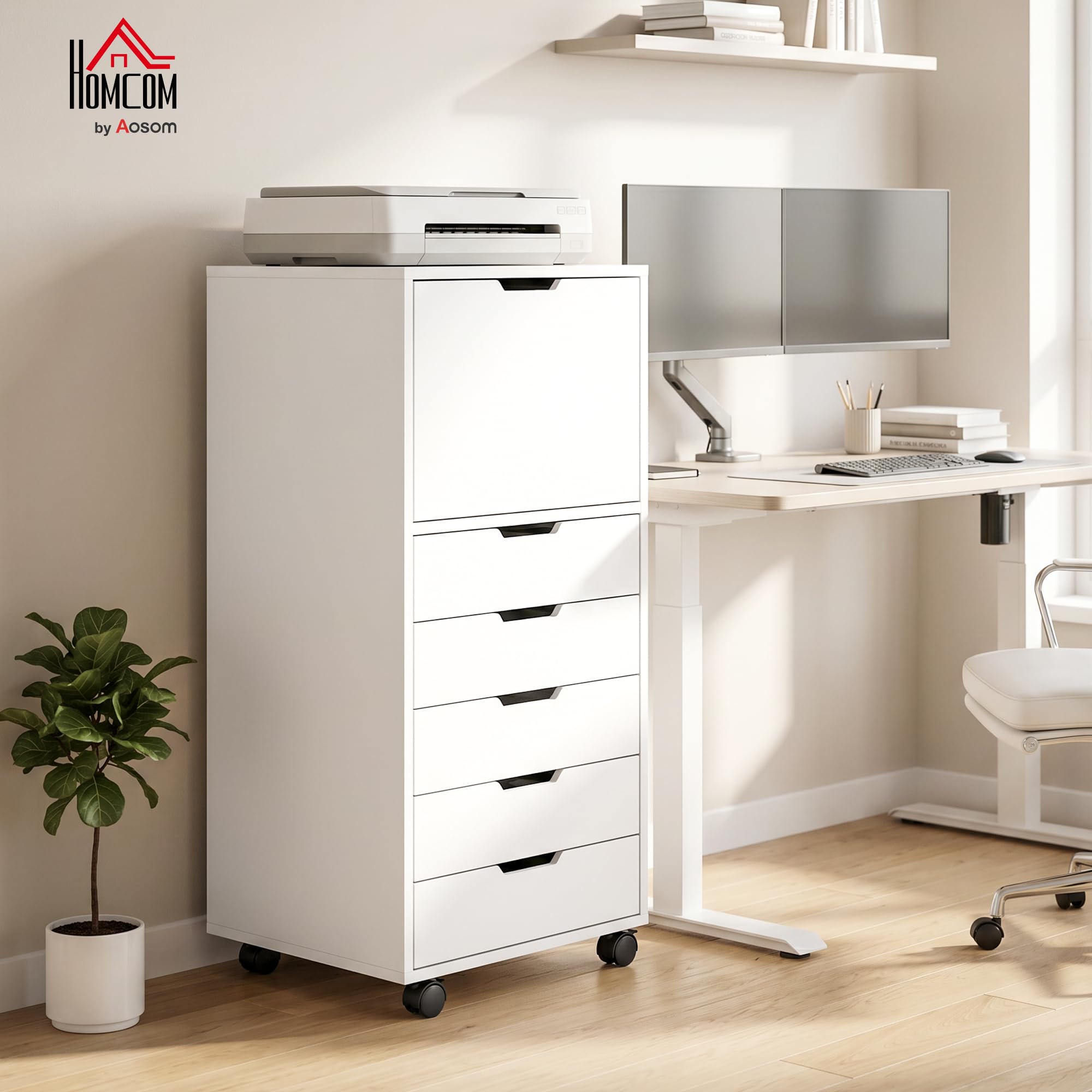 HOMCOM Cajonera Escritorio con 5 Cajones con Ruedas y Armario Blanco | Cajonera de Oficina, Cierre Suave, Soporte para Impresora, Mueble Archivador, para Oficina en Casa