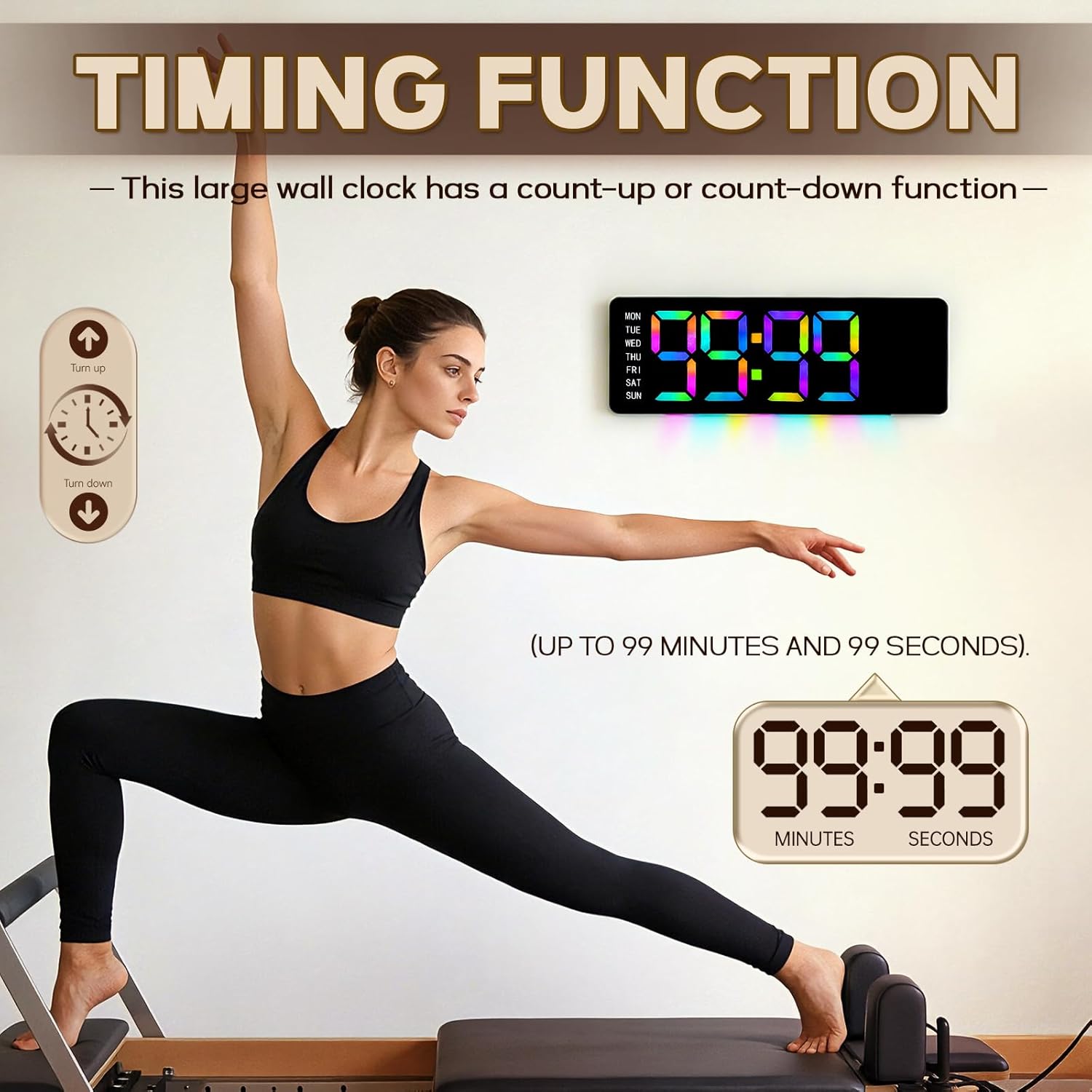 AuraSync Digital Wall Clock with Rainbow LED Display, Day of Week, Temperature, 12/24 Hour Format