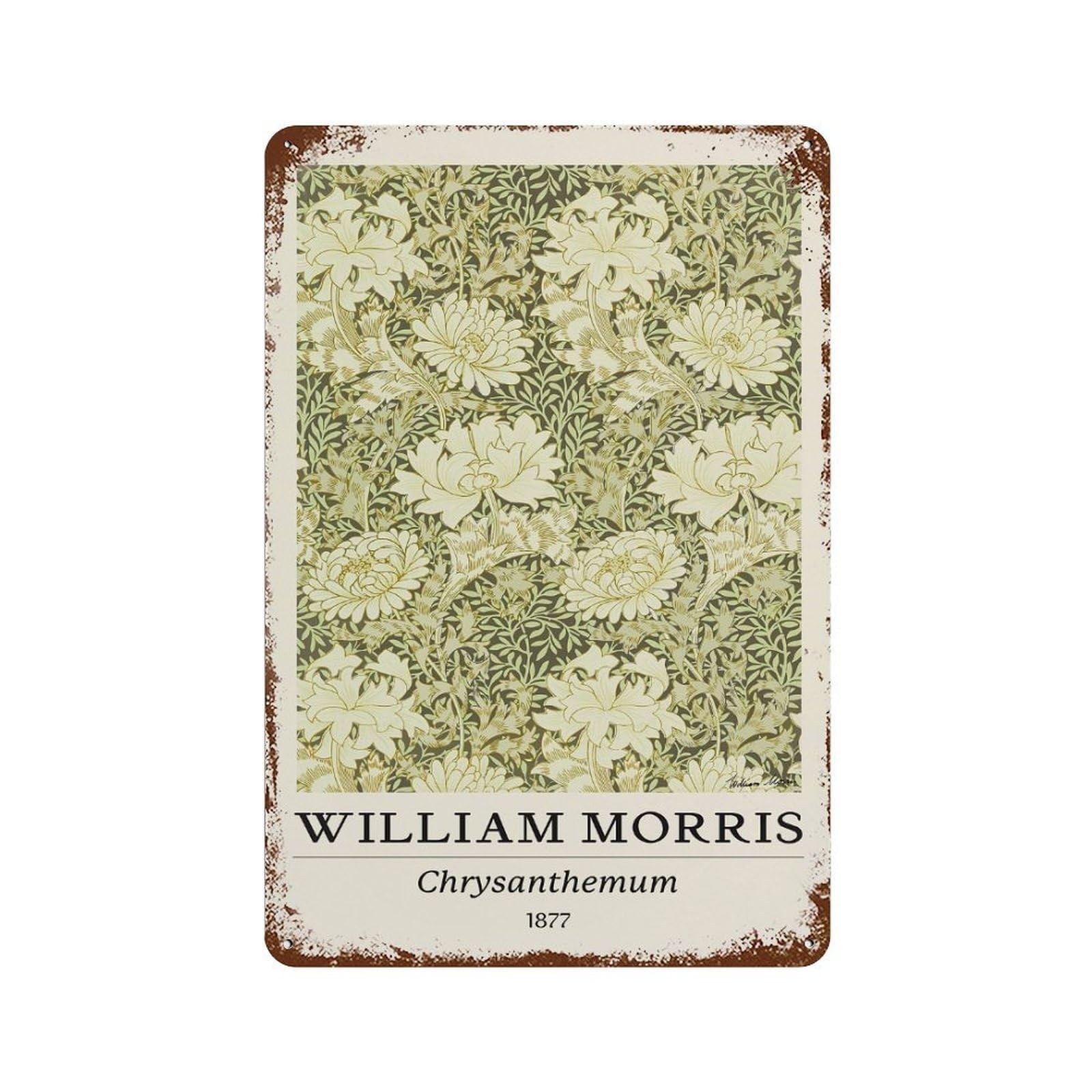 William Morris Chrysanthemum Botanical Distressed Metal Wall Sign 11.8"x7.9", Ideal for Patio, Garden Room And Bar Decor