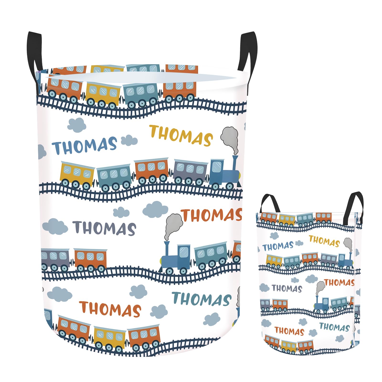 Rucekia Custom Train Laundry Basket for Kids, Personalized Name Baby Dirty Clothes Basket with Handles, Customize Laundry Hamper, Portable