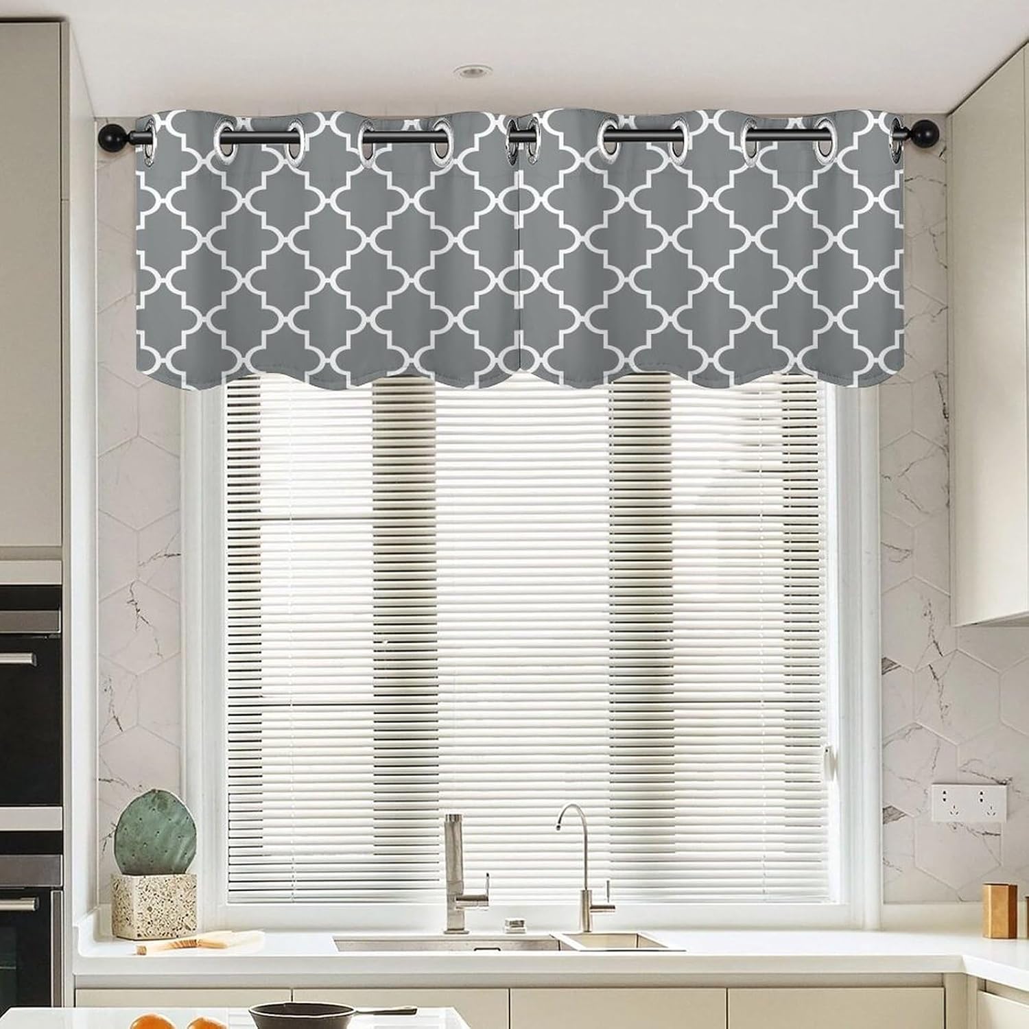 Quatrefoil Grey 2 Pack Valance Curtains Window Treatments. Adjustable Curtain with Rod Pocket.Cafe Curtains is Half Curtains for Privacy Decorative 52x18.1 Inch.