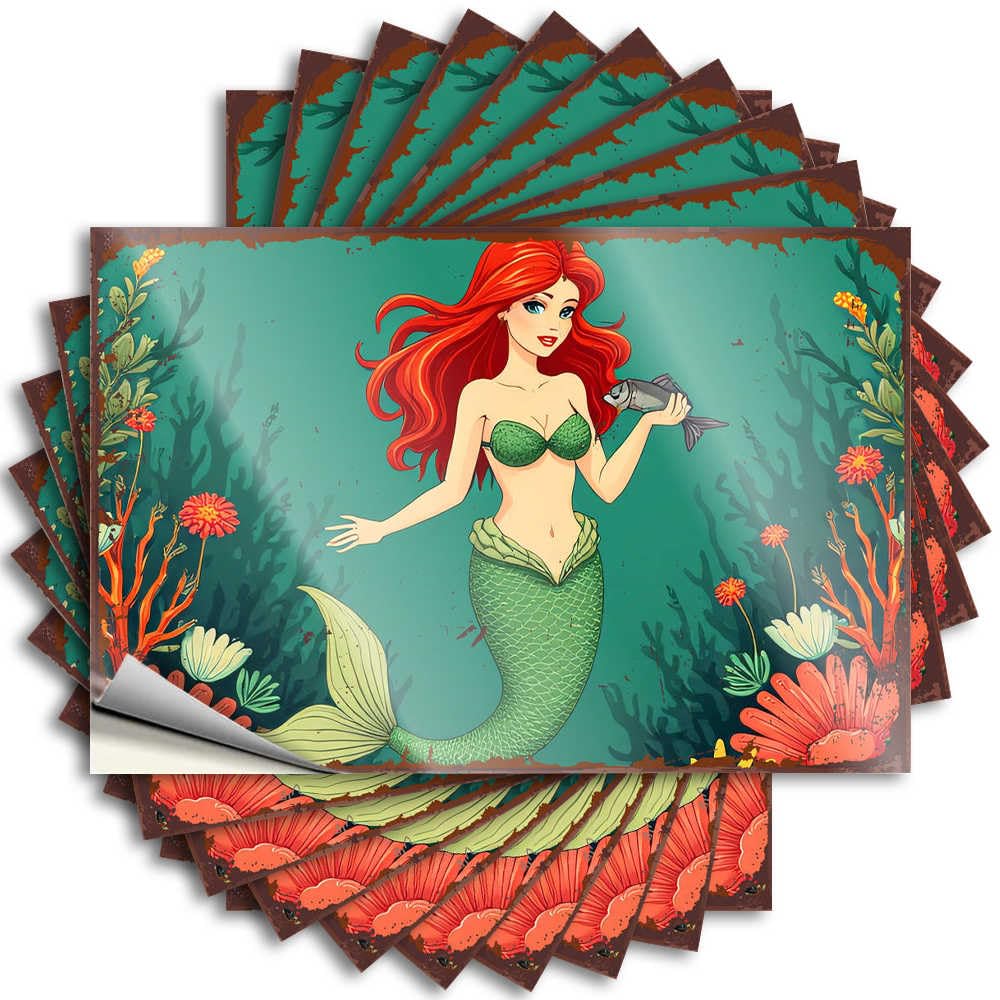 Fzfn Women's Colour Hot Garage Sticker | Mermaid With Red Hair Holding A Fish In An Underwater Garden Love Durable Vinyl Sticker Easy Apply For Teens(8X12cm)