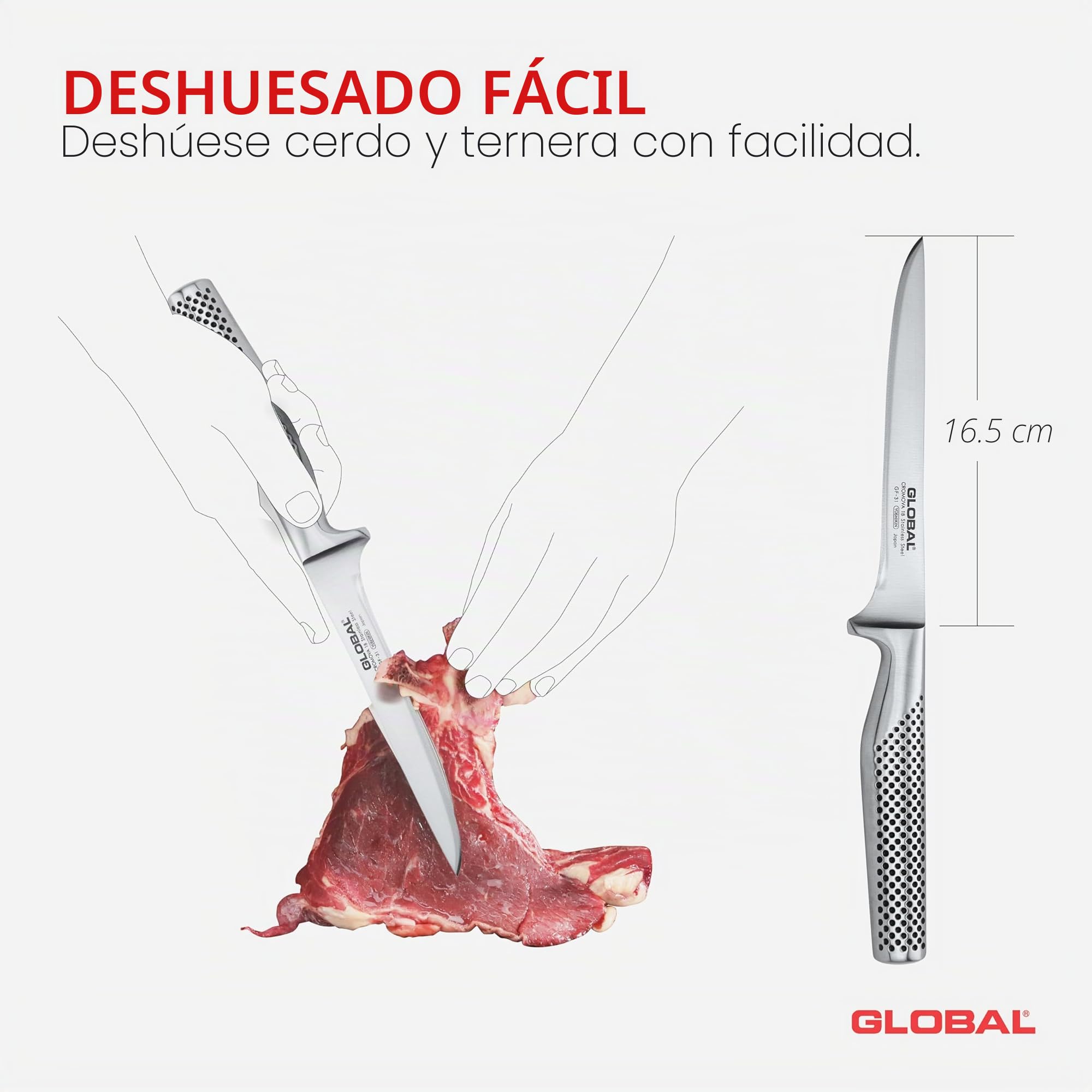 Global Knives GF-31 - Cuchillo para deshuesar con hoja de 16 cm, acero inoxidable CROMOVA 18